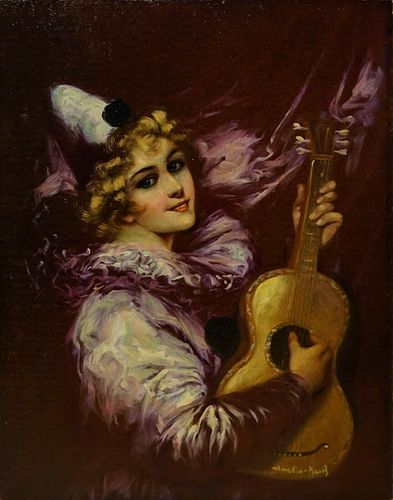 PIERROT PLAYING THE GUITAR OIL PAINTING