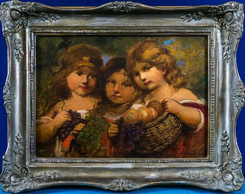 THREE LITTLE GIRLS WITH FRUIT BASKETS OIL PAINTING