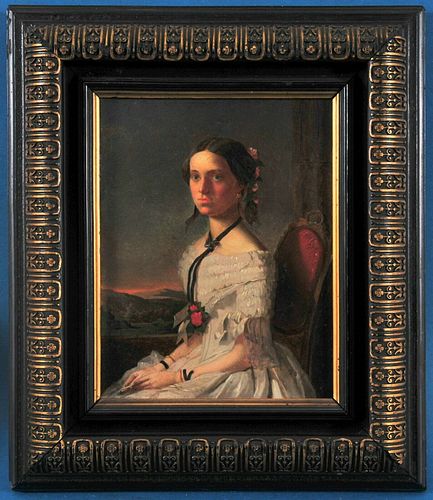 PORTRAIT OF A SEATED YOUNG LADY IN A WHITE DRESS OIL PAINTING