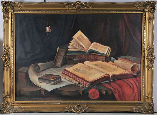STILL LIFE OF BOOKS ON A TABLE OIL PAINTING