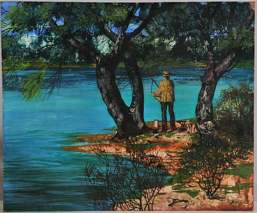 FISHER AT A LAKE OIL PAINTING