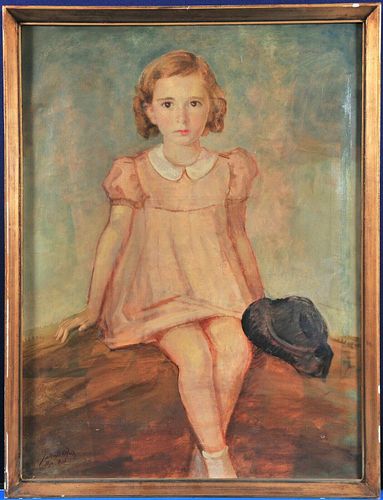 SEATED YOUNG GIRL WITH A HAT IN HER HANDS OIL PAINTING