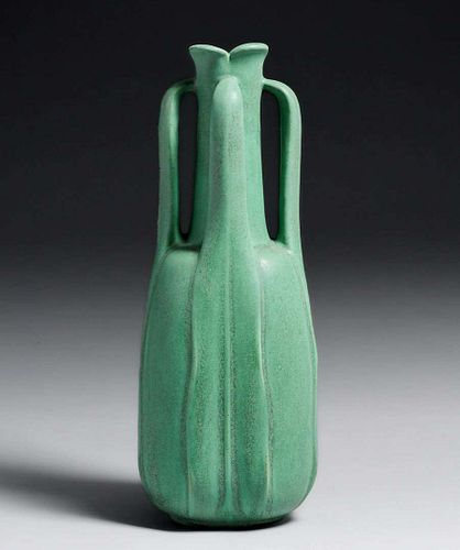 Rare Teco Pottery Matte Green Four-Handle Art Nouveau Vase c1910.