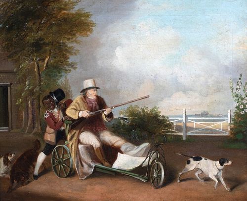 GENTLEMAN WITH BLACK SERVANT BOY & DOGS OIL PAINTING