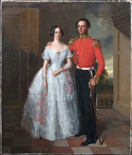 BRITISH MILITARY OFFICER AND WIFE OIL PAINTING