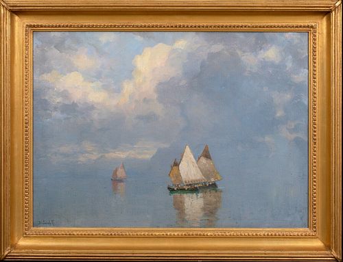 SHIPS SAILING ON CALM WATERS OIL PAINTING