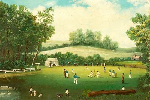 CHATHAM CRICKET CLUB MATCH LANDSCAPE VICTORIAN OIL PAINTING