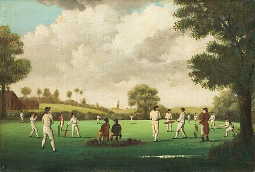 CHATHAM CRICKET CLUB MATCH LANDSCAPE OIL PAINTING