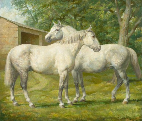 TWO WHITE / DAPPLE GREY HORSES OIL PAINTING