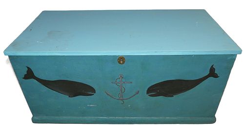 OLD SEA CHEST WITH PAINTED WHALES 