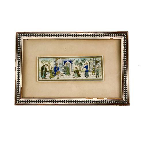 Inlaid Framed Persian Painted Ivory Tile