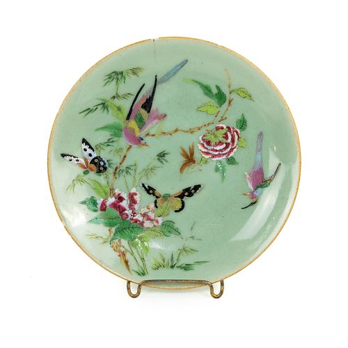 Chinese Bean Green Glazed Bird and Flower Plate