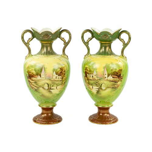 Pair of French Porcelain Painted Green Urns