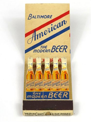 1933 American Beer Feature Full Matchbook Baltimore, Maryland