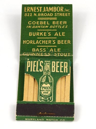 1935 Ernest Jambor Piel's Beer Dist. Feature Full Matchbook NY-PIEL-9 Brooklyn, New York