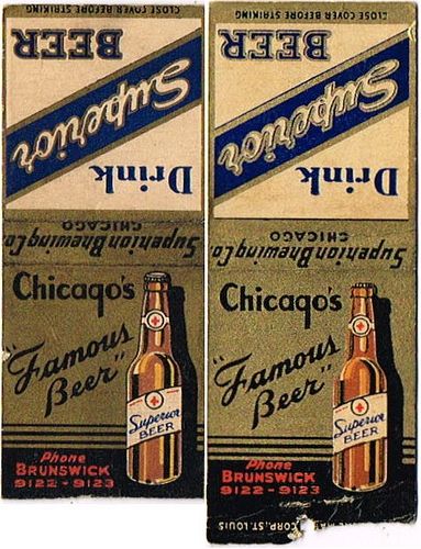 Lot of Two Superior Beer Matchcovers IL-SUPER-1 Chicago, Illinois
