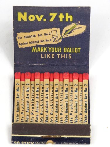 1942 Vote Against Arkansas Prohibition Feature Full Matchbook
