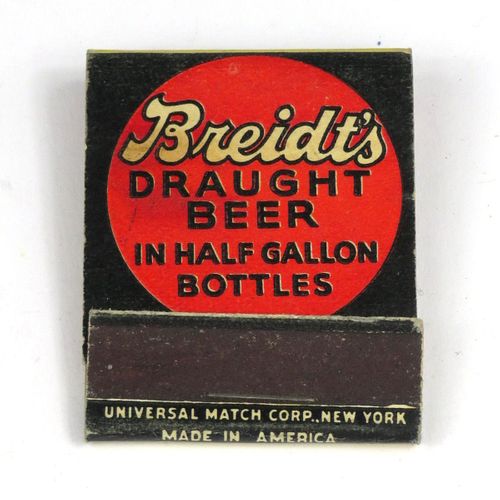1936 Breidt's Draught Beer Full Matchbook Elizabeth, New Jersey