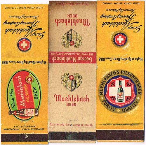 Lot of Three Muehlebach Beer Matchcovers Kansas City, Missouri 