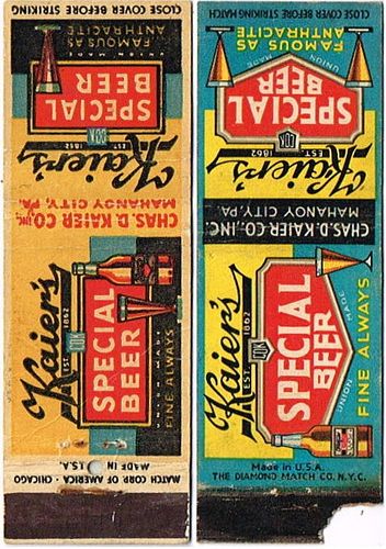 Lot of Two Kaier's Beer Matchcovers Mahanoy City, Pennsylvania