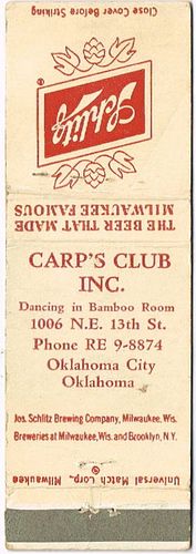 1957 Schlitz Beer 113mm long WI-SCHLITZ-35 Carp's Club Inc. Oklahoma City Milwaukee, Wisconsin