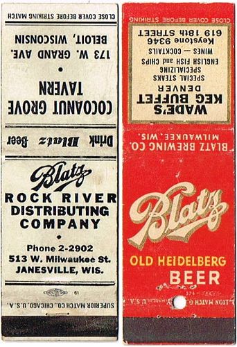 Lot of Two Blatz Beer Matchcovers Rock River Distributing/Wade's keg Buffet Beloit Milwaukee, Wisconsin