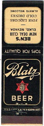 1935 Blatz Beer 115mm long WI-BZ-8 Ben's New Ideal Club Elko Nevada. Milwaukee, Wisconsin