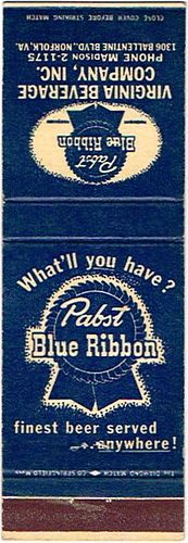 1955 Pabst Blue Ribbon Beer 113mm long WI-PAB-33 Virginia Beverage Co. Inc. Norfolk