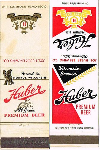 Lot of Two Huber Beer Matchcovers Monroe, Wisconsin