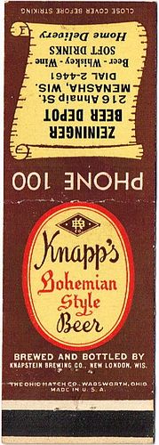 1950 Knapp's Bohemian Style Beer 113mm long WI-KNAP-5 Zeininger Beer Depot Menasha, New London, Wisconsin