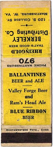 1950 Ballantine's Beer & Ale 113mm long NY-LIEB-C Berkeley Distributing Co. Martinsburg West Virginia