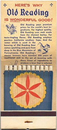 1951 Old Reading Beer Giant Feature Matchbook Philadelphia, Pennsylvania