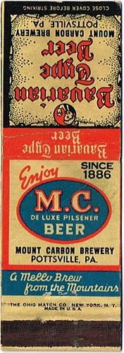 1947 M.C. De Luxe Pilsener Beer PA-MC-1 Bavarian Type Beer Pottsville, Pennsylvania