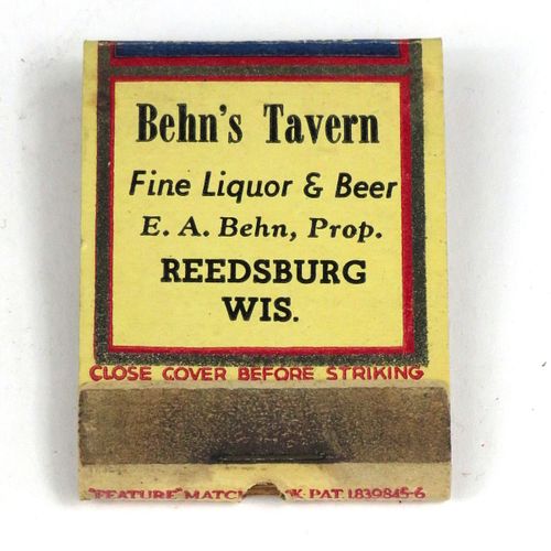 1933 Old Gold Beer Feature Full Matchbook WI-REEDS-2 E. A. Behn's Tavern Reedsburg. Reedsburg, Wisconsin