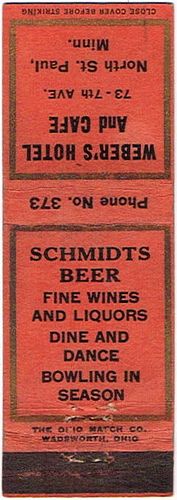 1941 Schmidt's Beer 113mm long MN-JS-C Weber's Hotel and Cafe St. Paul Minnesota Saint Paul, Minnesota