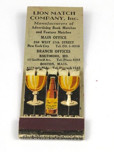 1933 Peter Beer Feature Full Matchbook Union Hill, New Jersey