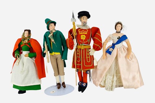 Lot of 4 character cloth dolls with original Ã¬Liberty London" hang tags, tallest is 11". DollÃ­s themed as Irish man & woman, royal guard and Queen V