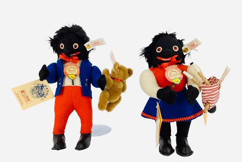 Steiff "Golli G & Teddy B." and "Molly Golli and Peg" made for the Toy Store Festival of Steiff. Golli G. is a 9" wool felt golliwog with mohair wig, 