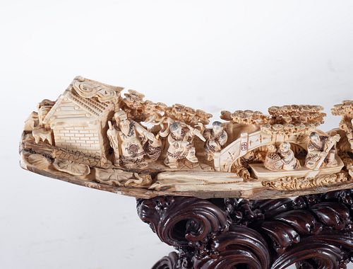 Mammoth tusk with carved Buddha and Hotei, Chinese school of the XIX - XX centuries