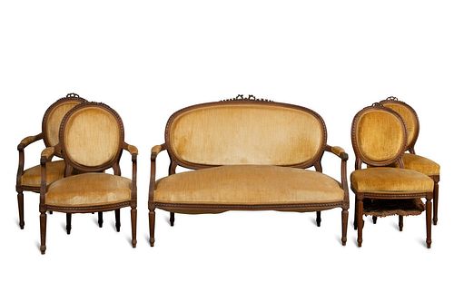 5 PC LOUIS XVI STYLE GOLD UPHOLSTERED PARLOR SET