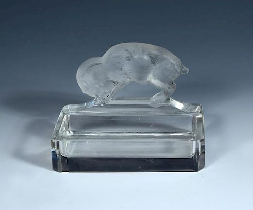 Chevre, a René Lalique glass ashtray, the rectangular dish with canted corners, the goat with traces