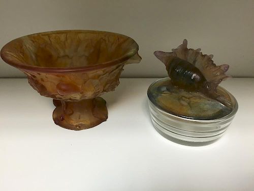 A modern Daum pate de verre amber glass bowl decorated with leaves, etched signature, together with