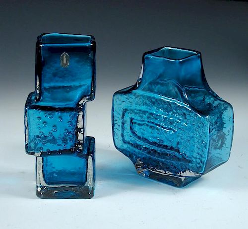 A Whitefriars drunken bricklayer vase and a TV vase, each in Kingfisher Blue (2) <br>