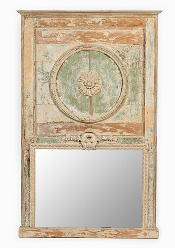 19TH C. CARVED DISTRESSED PAINTED TRUMEAU MIRROR