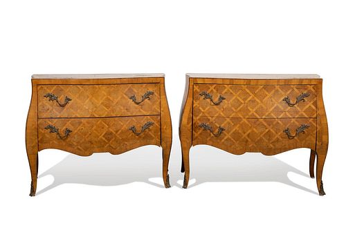 PAIR, LOUIS XV-STYLE PARQUETRY BOMBE COMMODES