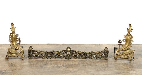 LOUIS XV STYLE FIREPLACE GROUP, CHENETS & FENDER