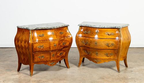 PR. LOUIS XV PARQUETRY MARBLE TOP BOMBE COMMODES