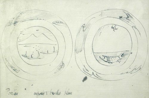 Bernard Leach (British, 1887-1979), two plate designs, 'Porcelain, engraved & brushed blue', one wit