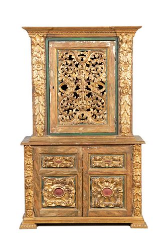 BAROQUE STYLE GILT & PAINTED CABINET ON STAND