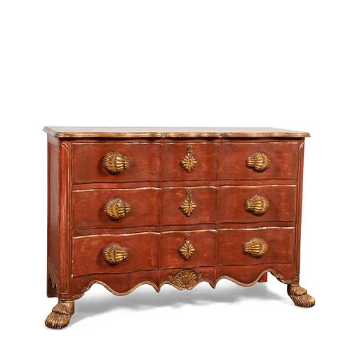 BAROQUE STYLE RED & GILT PAINTED SHELL CHEST